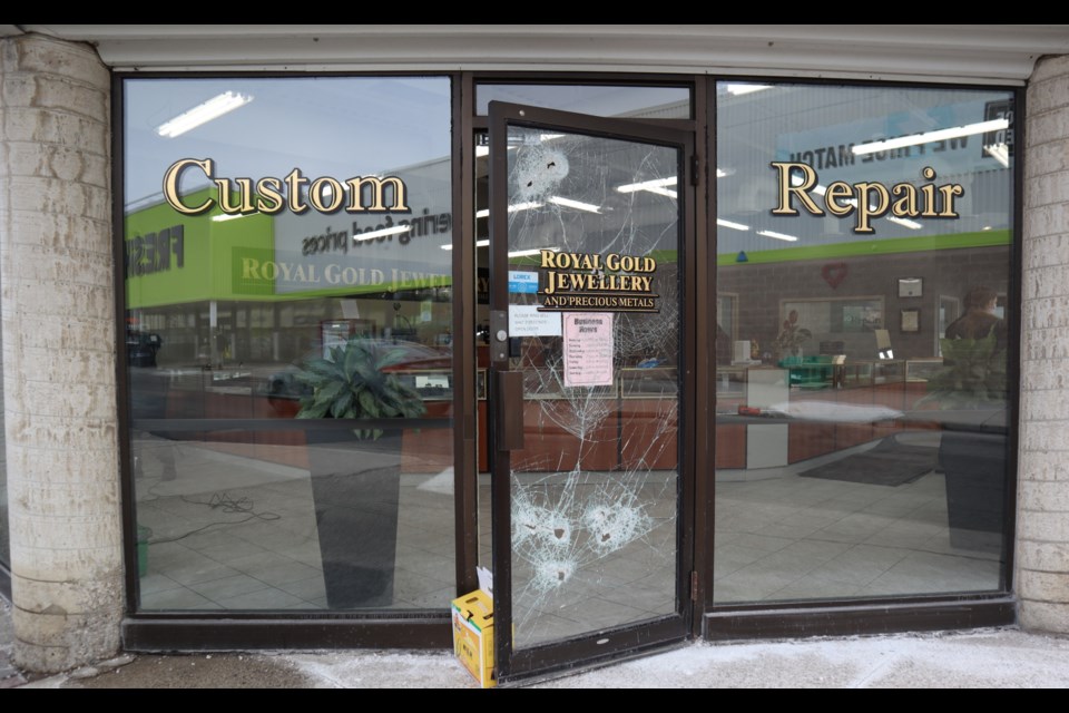 The front door of the Royal Gold Jewellery in the Speedvale Centre plaza was broken into with hammers during a robbery Tuesday, police say.