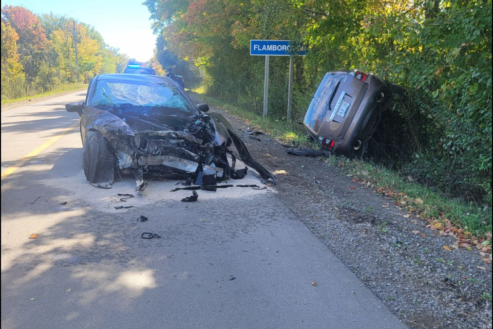 A two-vehicle collision happened just outside Puslinch on Wednesday. Two people suffered minor injuries.