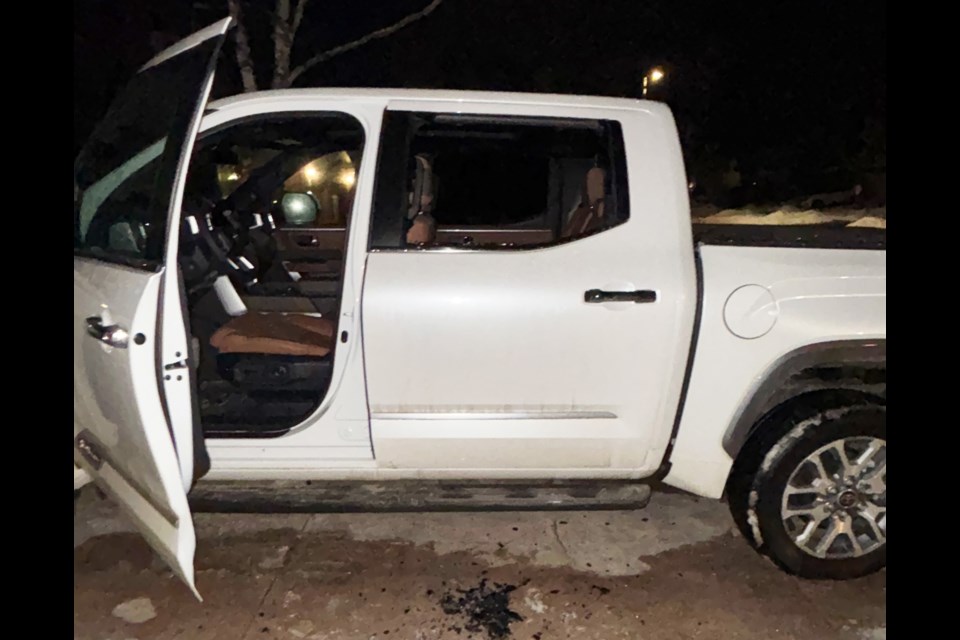 A passenger window was smashed by would-be thieves in an effort to steal this Toyota Tundra from a residential driveway early Saturday morning.