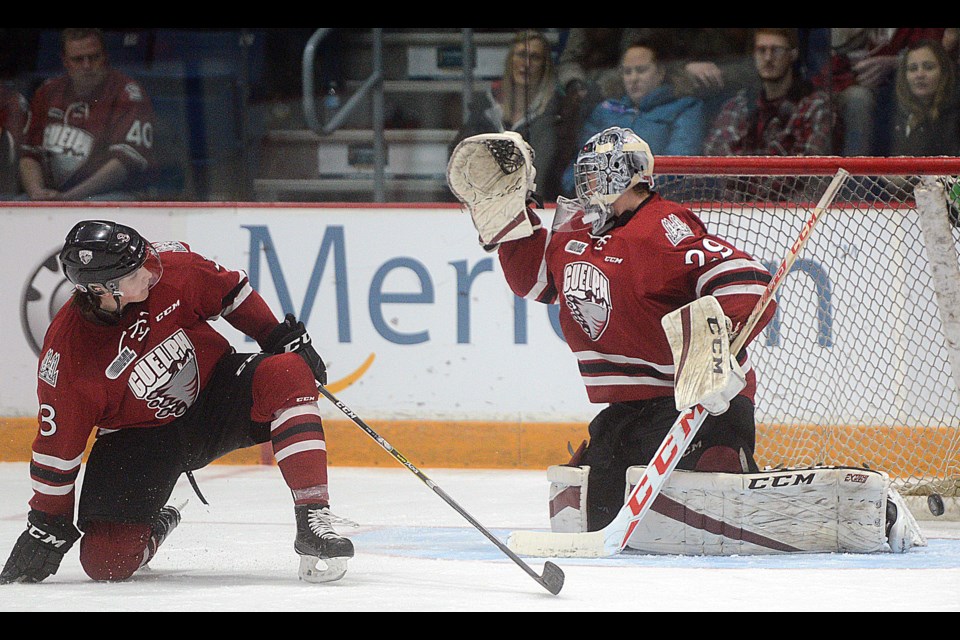 Guelph Storm defenceman Kyle Rhodes looks back as goaltender Liam Herbst is beaten by an Oshawa Generals shot in the first period Friday, Jan. 27, 2017, at the Sleeman Centre. Tony Saxon/GuelphToday