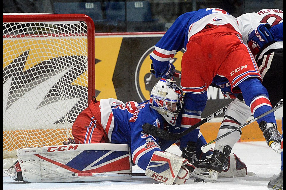 Kitchener Rangers goaltender Luke Richardson, a Barrie native, searches for a loose puck in this file photo. Tony Saxon/GuelphToday