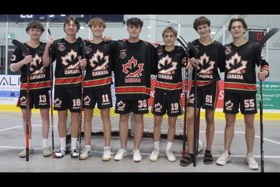 Seven Guelph teens are off to Slovakia to play for Team Canada at the World U16 ball hockey championships. From left: Luke Saramak, Rowan Reynard, Keilan Kirkpatrick, Jackson Taraborrelli, Brady Snedden, Max Van Dam and Connor Laskowski.