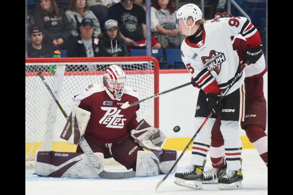 Guelph's Carter Stevens tries to deflect a shot in front of Peterborough Petes goaltender Liam Sztuska.