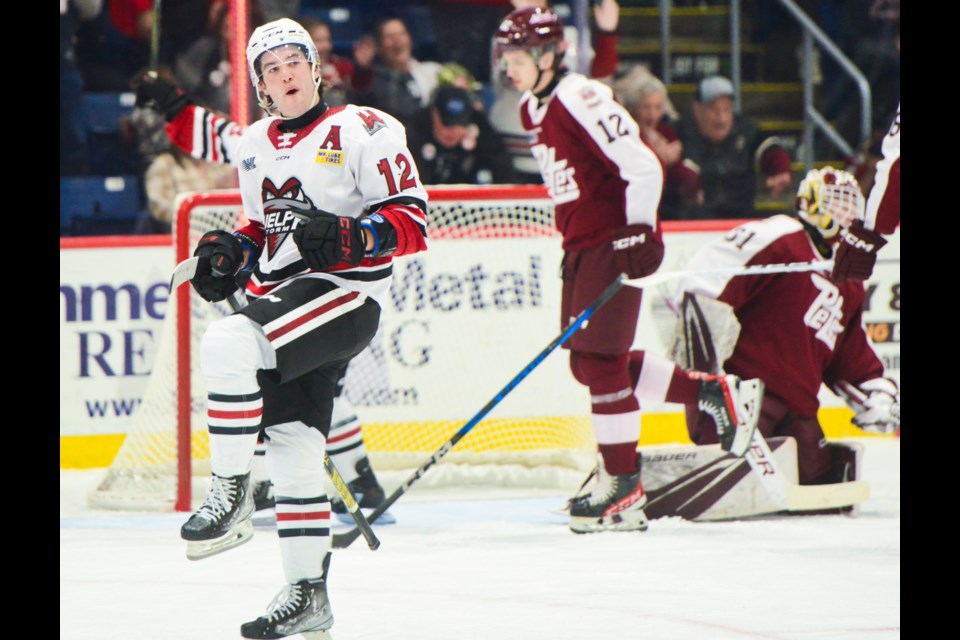 Guelph Storm forward Ryan McGuire celebrates his first period goal against the Peteborough Petes Friday at the Sleeman Cenre.