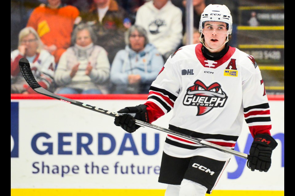 Jett Luchanko was back in the Guelph Storm lineup Sunday at the SLeeman Centre.