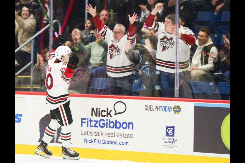 Guelph Storm forward Leo Serlin and friends celebrate his first period goal Friday at the Sleeman Centre.