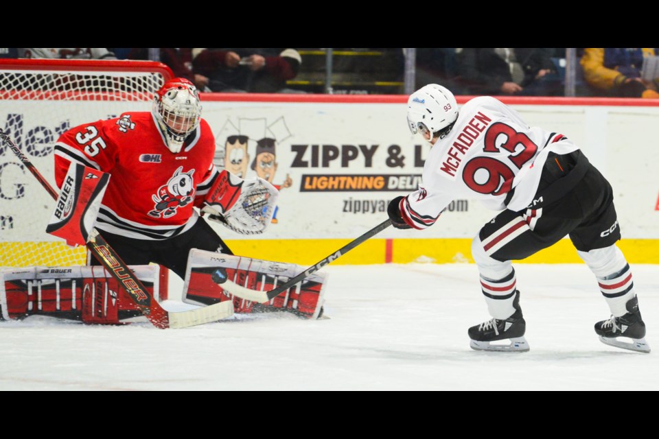 Wil McFadden goes in all alone on Niagara IceDogs goaltender Owen Flors. He hit the crossbar on the shot.