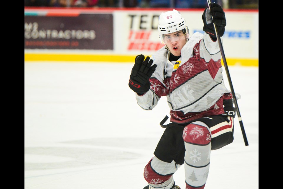 Guelph Storm defenceman Daniil Skvortsov celebrates his first period goal against Kitchener Sunday afternoon at the Sleeman Centre.