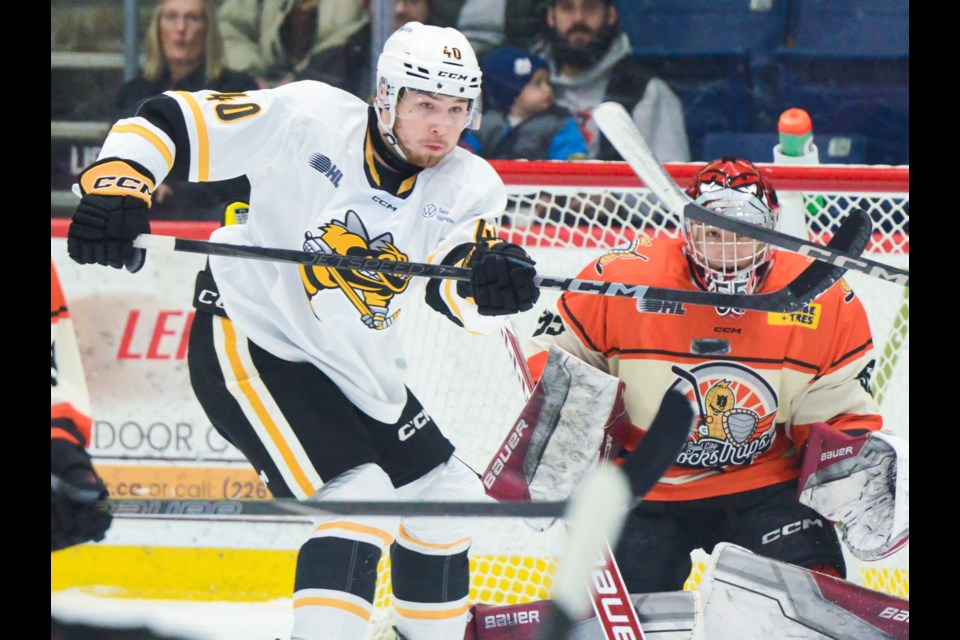 Sarnia's Liam Beamish looks to tip an incoming shot in front of Guelph Storm goaltender Colin Ellsworth Friday at the Sleeman Centre.