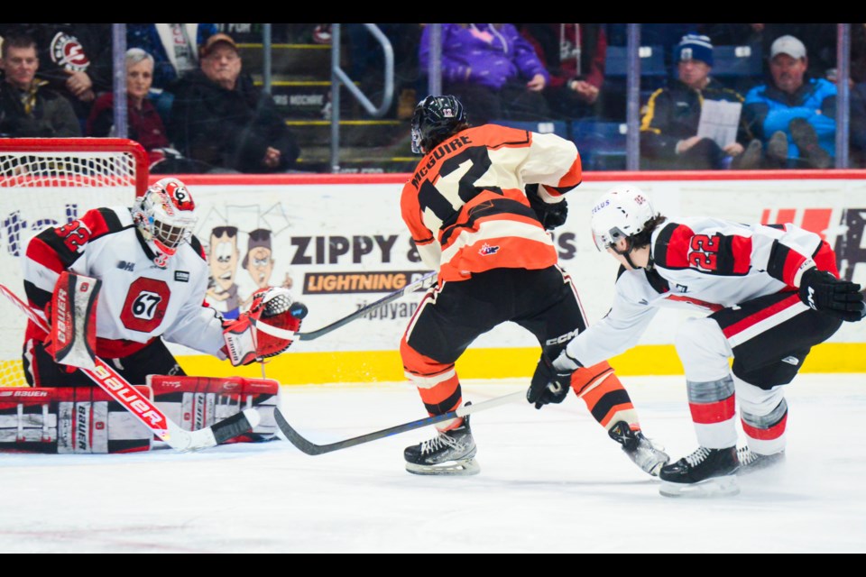 The Guelph Storm's Ryan McGuire can't quite finish off a breakaway on Ottawa 67's goaltender Jaeden Nelson in the first period Sunday a the Sleeman Centre.