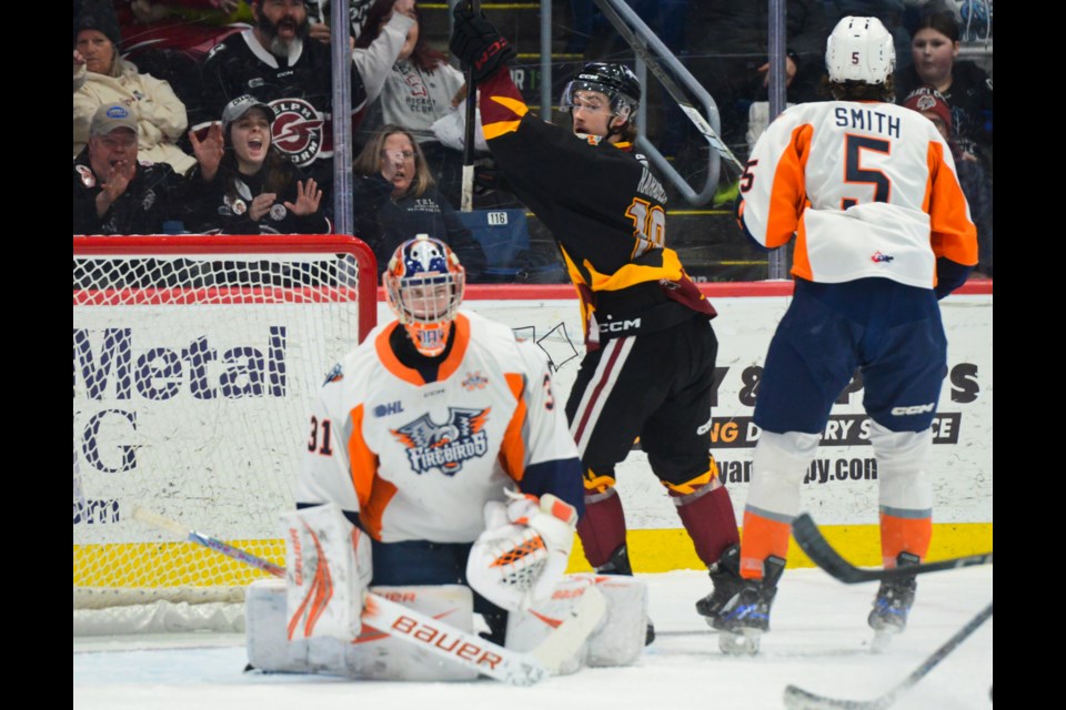 Jake Karabela of the Guelph Storm celebrates behind Flint goaltender Nathan Day after teammate Rylan Singh's first period goal Friday at the Sleeman Centre.