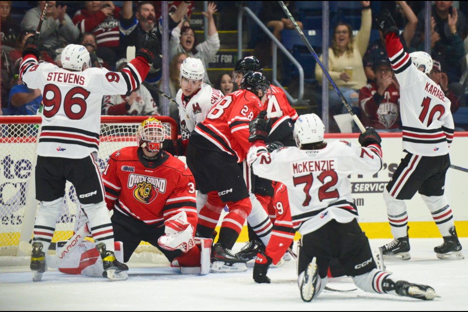 Guelph Storm players celebrate after Daniil Skvortsov scored his first OHL goal Friday night.