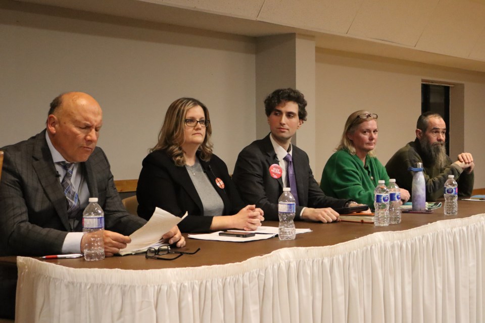 The candidates from left to right: New Blue candidate Stephen Kitras, NDP candidate Simone Kent, Liberal candidate Alex Hilson, Green Party candidate Bronwynne Wilton and Ontario Party candidate Jason Medland.