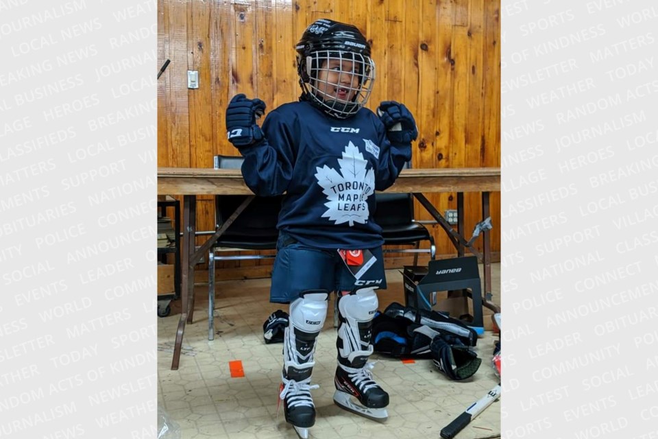 One of the thousand or more Indigenous hockey players who will have a chance to play hockey because of equipment donated during drives like the one held by the Halton Hills U13 AA Thunder.