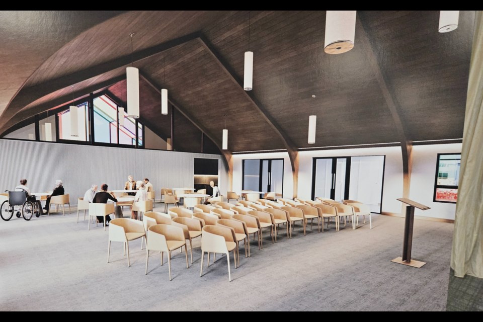 A rendering of the community space in the proposed north Halton hospice that incorporates the current Hillcrest United Church into the design. 