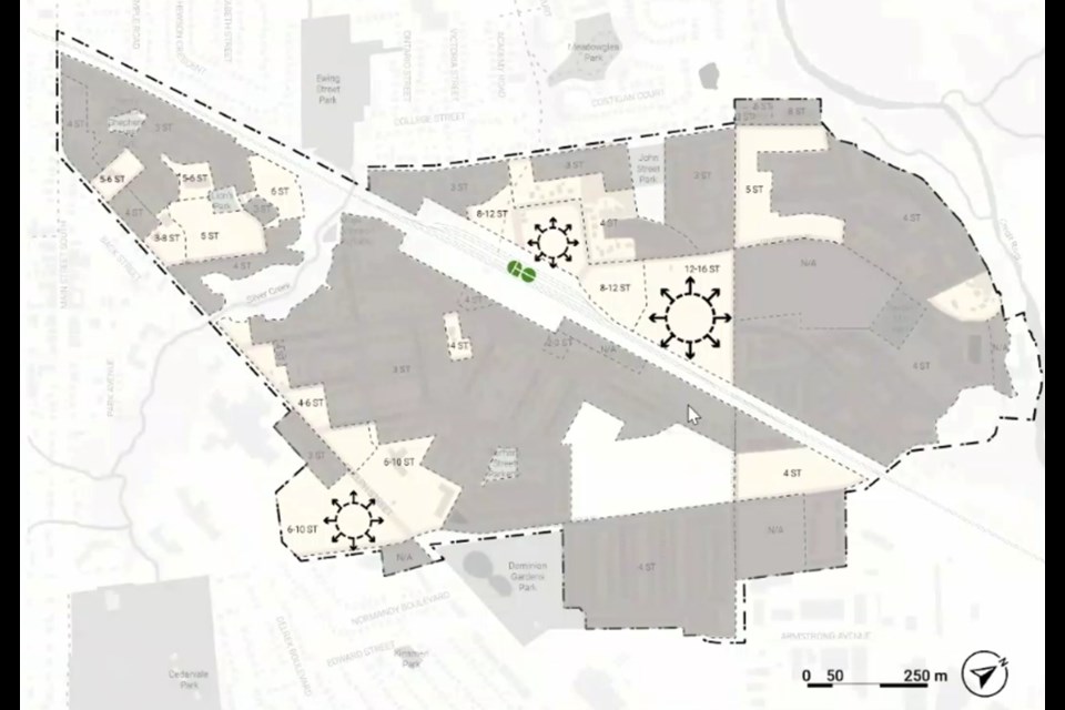 A map shows where density changes have been made in the area around the Georgetown GO station. Areas in grey have had no changes. Large circles show areas for high-density development.