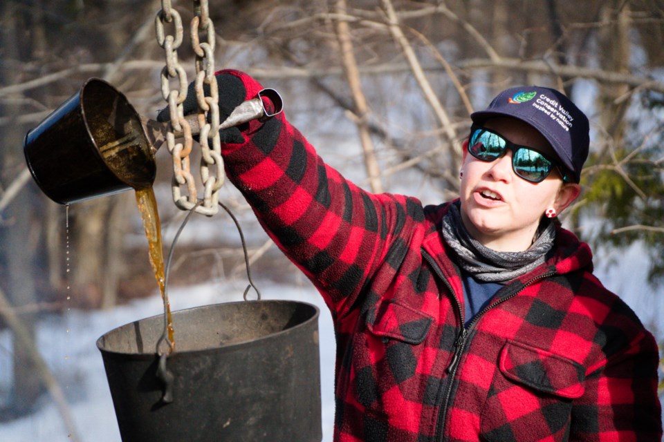 Education instructor Erin Verdun shows the brown colour of semi-condensed maple sap.                             