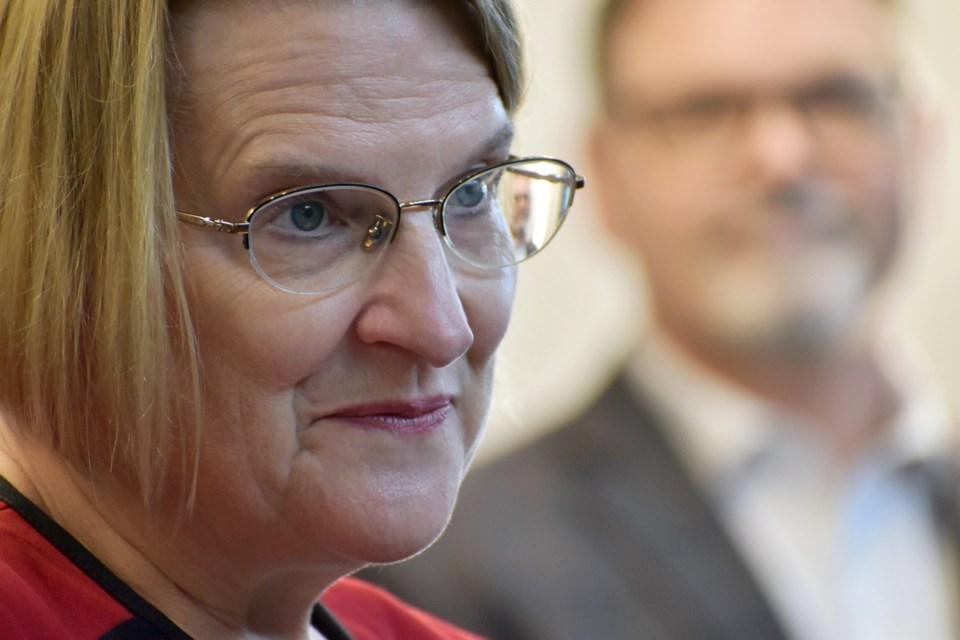 Ontario Health Minister Sylvia Jones speaks as Georgian Nurse Practitioner-Led Clinic executive director Kevin MacLeod looks on Nov. 15. 