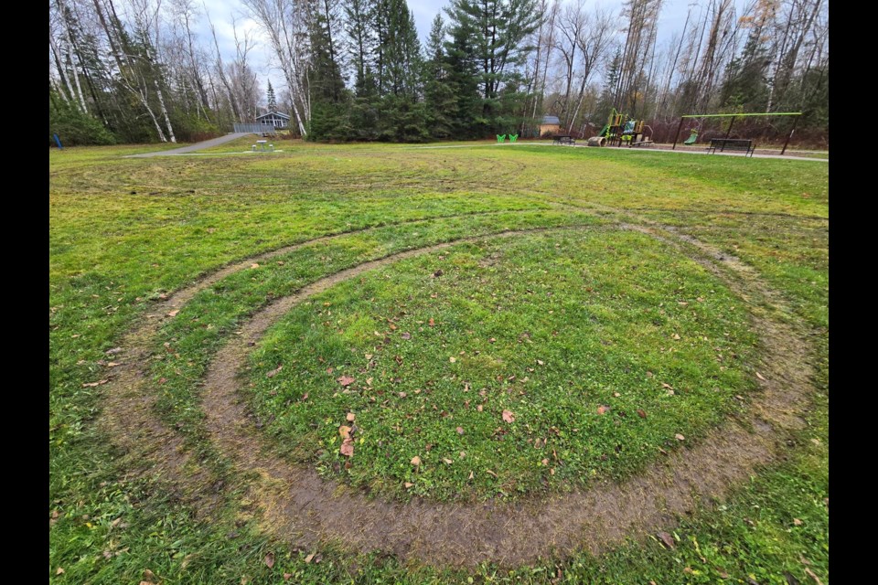 It appears a vehicle tore up portions of the sports field at Trinity Park in Alcona recently. 