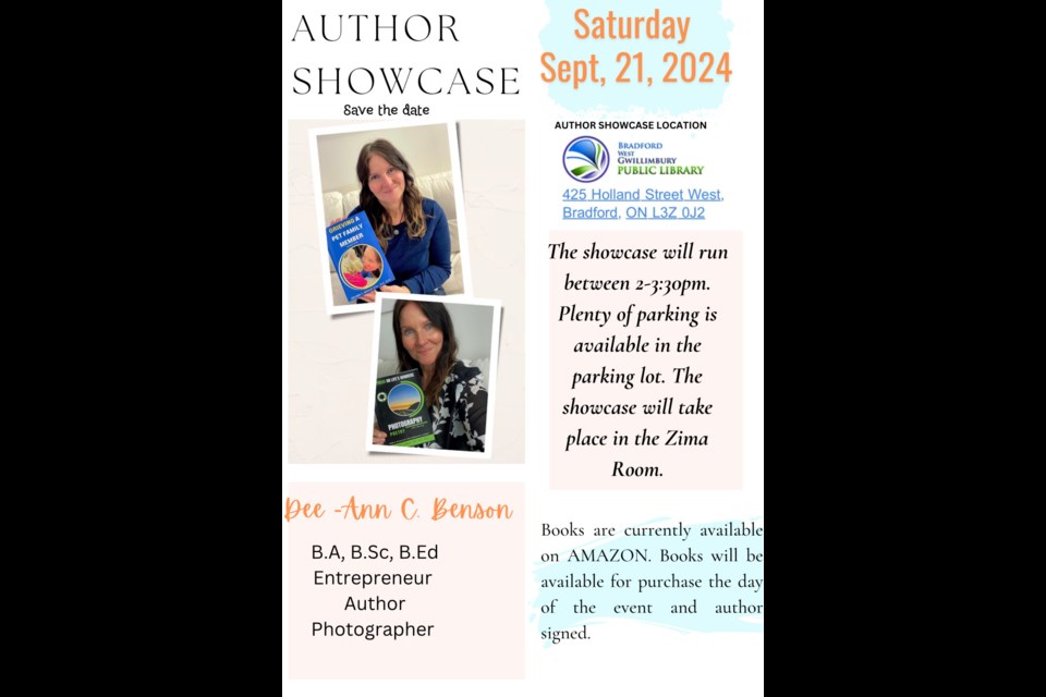 Support local authors such as Dee-Ann Benson at the Bradford West Gwillimbury Public Library’s inaugural Author Showcase on Saturday, September 21, 2024, from 2 to 3:30 p.m.