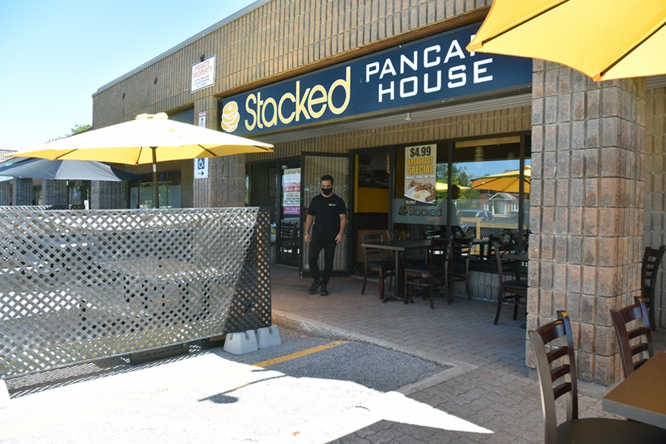 Stacked pancake and breakfast house in Stroud can welcome diners to the patio, or the indoor restaurant facility. Miriam King/Innisfil Today