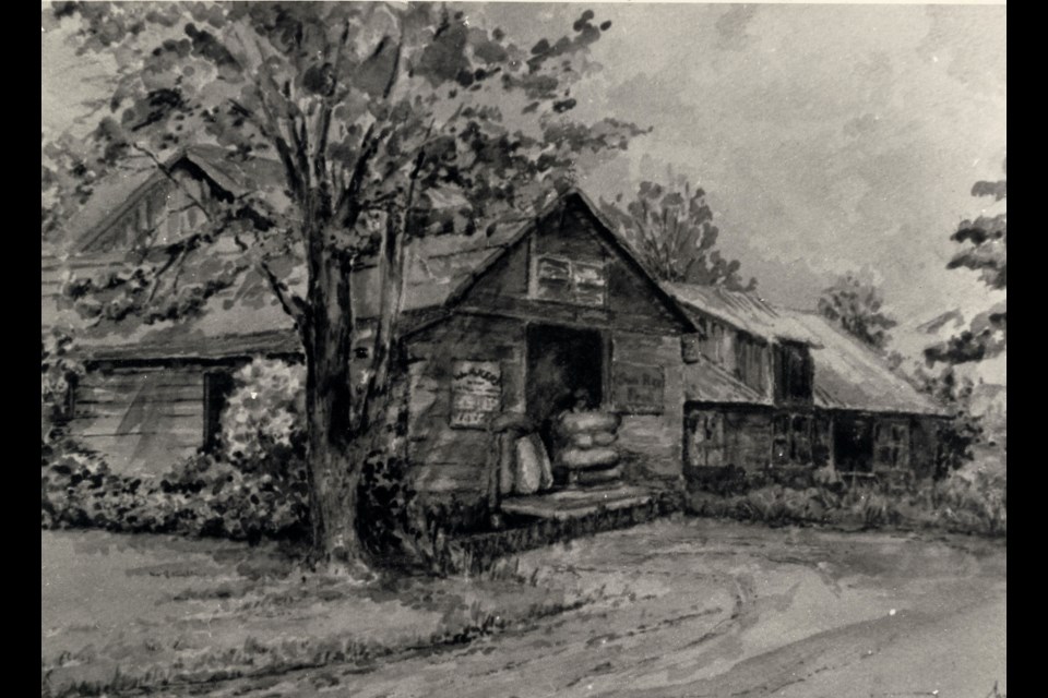 Painting of the Churchill chopping mill, a landmark that was demolished in 1974. It was operated by William Akers for over 50 years. The engine was later used by Bygone Days farm in Collingwood.