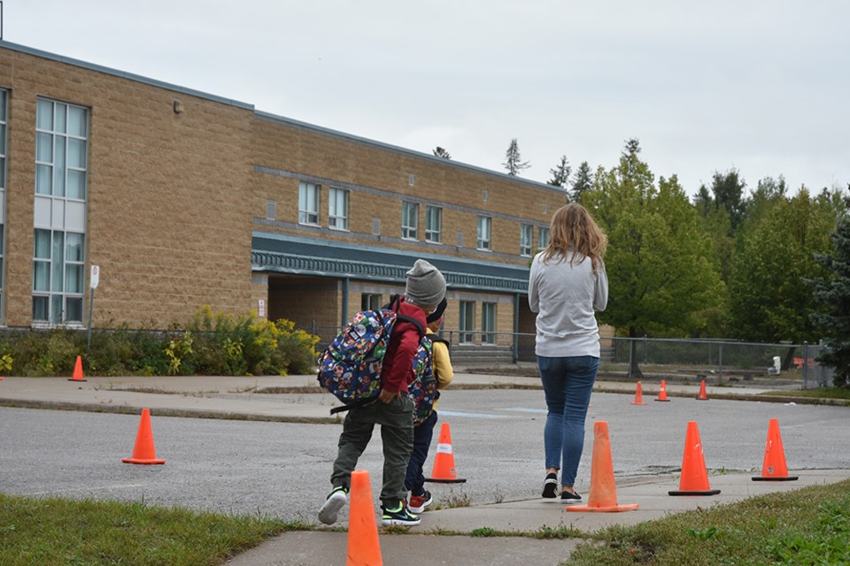 First in line, at the first day of classes at Holy Cross Catholic School in Innisfil, for SK to Grade 3. Miriam King for BradfordToday