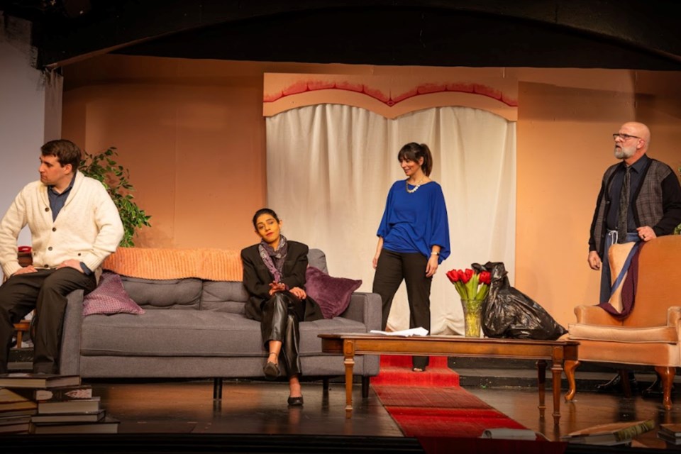 From the left, Stephen Dobby as Michael Novak, Puneet Bajwa as Veronica Novak, Franca Ianni as Annette Raleigh, and Chris Cluff as Alan Raleigh in a scene from God of Carnage at South Simcoe Theatre. 