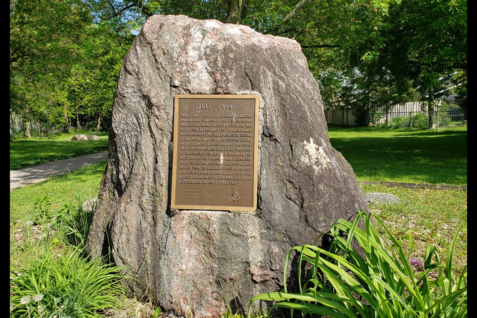 Memorial Plaque is tarnished and stained, at Belle Ewart Park. 