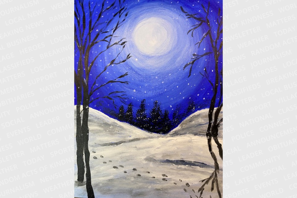 Sandy Bishop was inspired by the magic of a moonlit winter evening to create this painting. She will help participants create their own renditions to take home at a Paint and Tea Party Fundraiser on Saturday, Feb. 8.