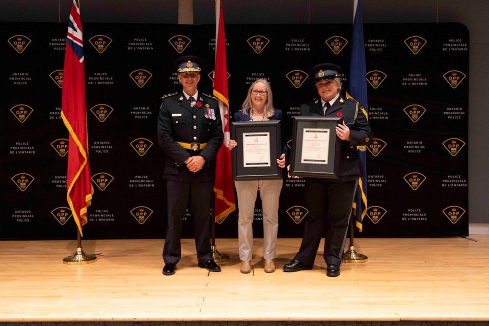 From left: OPP Commissioner Thomas Carrique, Cathy Eisener and Nottawasaga OPP Const. Katy Viccary are shown at Thursday’s OPP Central Region Awards ceremony.