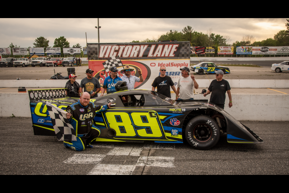 Shawn Chenoweth and the London Recreational Racing Team celebrate their first Super Late Model Win.