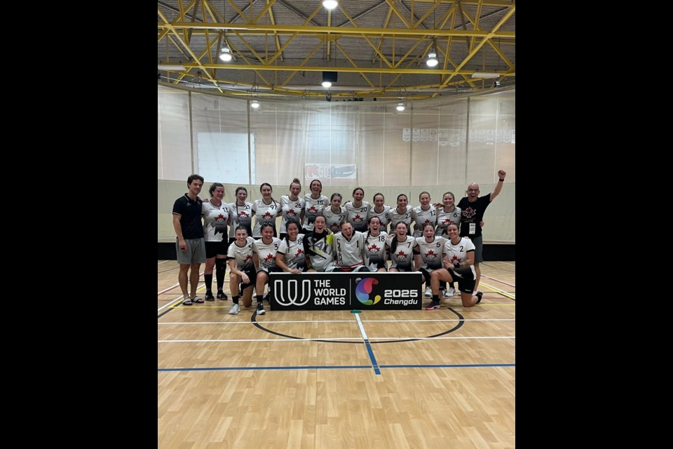 The women's national team. 
Coach Nicolas Van Thielen is on the far right. This year is the first time women’s floorball is included in the World Games, which held its inaugural event in 1981.