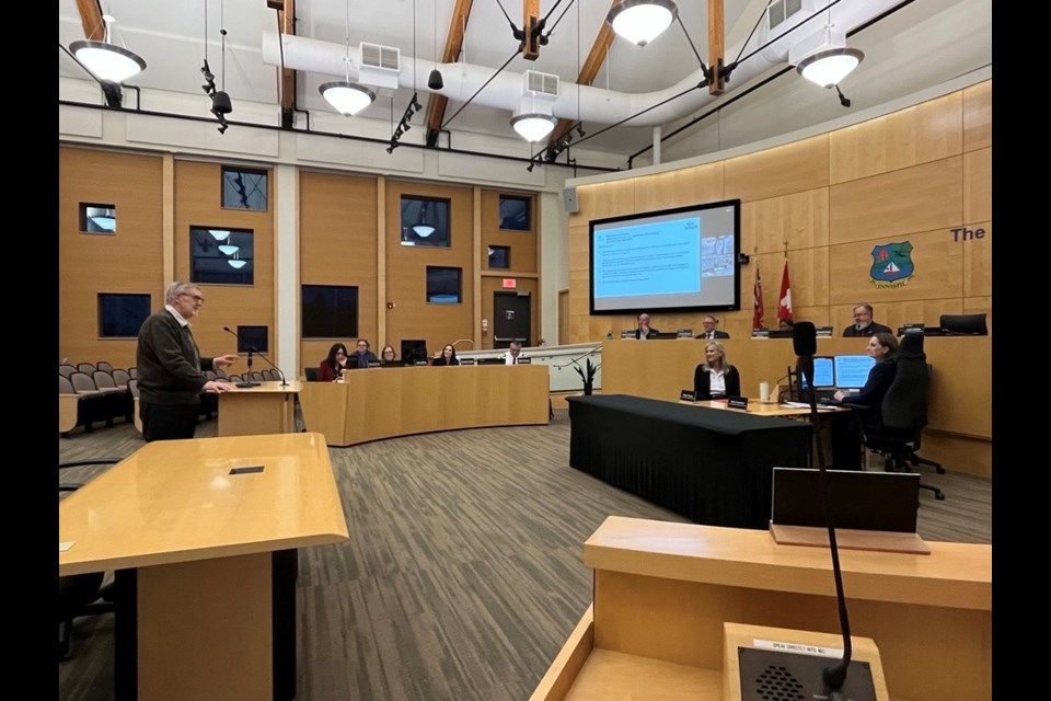 Former Innisfil mayor Brian Jackson speaks to town council on Wednesday, March 12. At that meeting, council honoured Jackson by naming a new park after him.