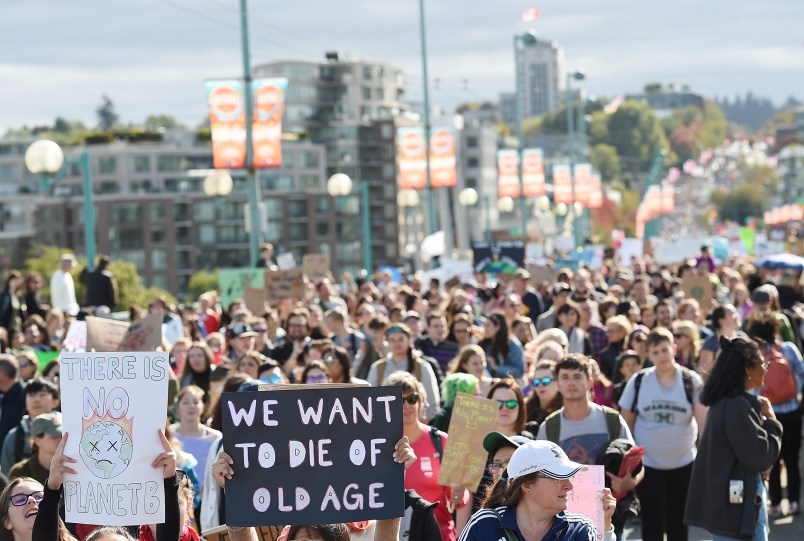 Tens of thousands attended the Global Climate Strike at Vancouver city hall Sept. 27 before marching over the Cambie Street Bridge into downtown. (via Dan Toulgoet)