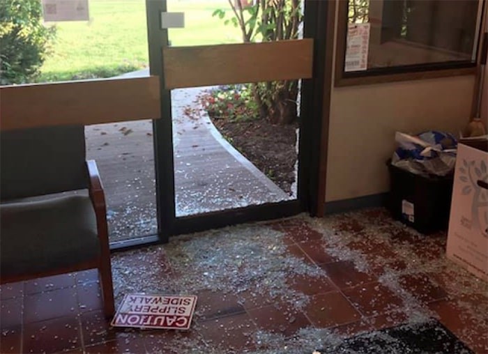 The wreckage left behind at the Fort St. John School District office when a moose broke through a door on Wednesday, September 11. (via Contributed/Jarrod Bell)