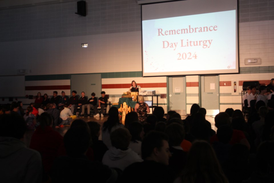 Students and community members gathered at Cold Lake Assumption Jr./Sr. High School’s annual Remembrance Day ceremony to honor veterans and active service members with a solemn tribute led by Principal Elaine Ernst and Master Warrant Officer Don Kaiser.