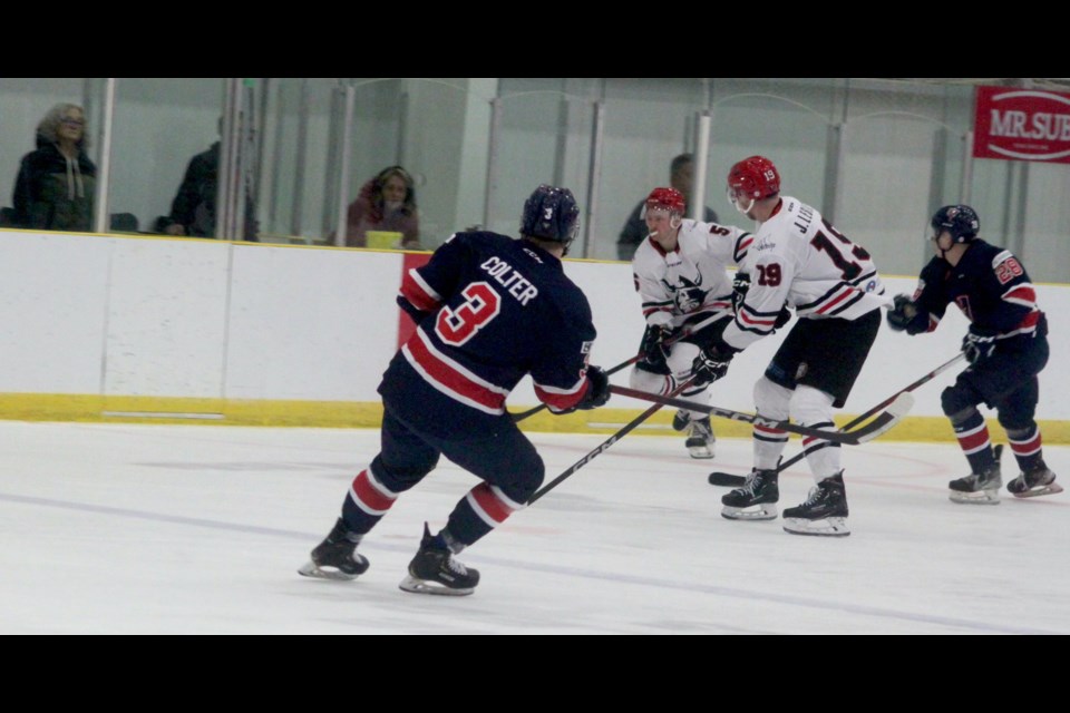 The Portage College Voyageurs men's hockey team finished their season during the Feb. 23 weekend, losing both games to the Augustana Vikings. The team finished in last place in its seven-team Alberta Colleges Athletic Conference (ACAC) division, the only team not to clinch a playoff spot. Still, says coach Kevin McClelland, there are many positives this season for the Voyageurs, including the fact that the team was competitive most nights on the ice with a young roster. Chris McGarry photo. 