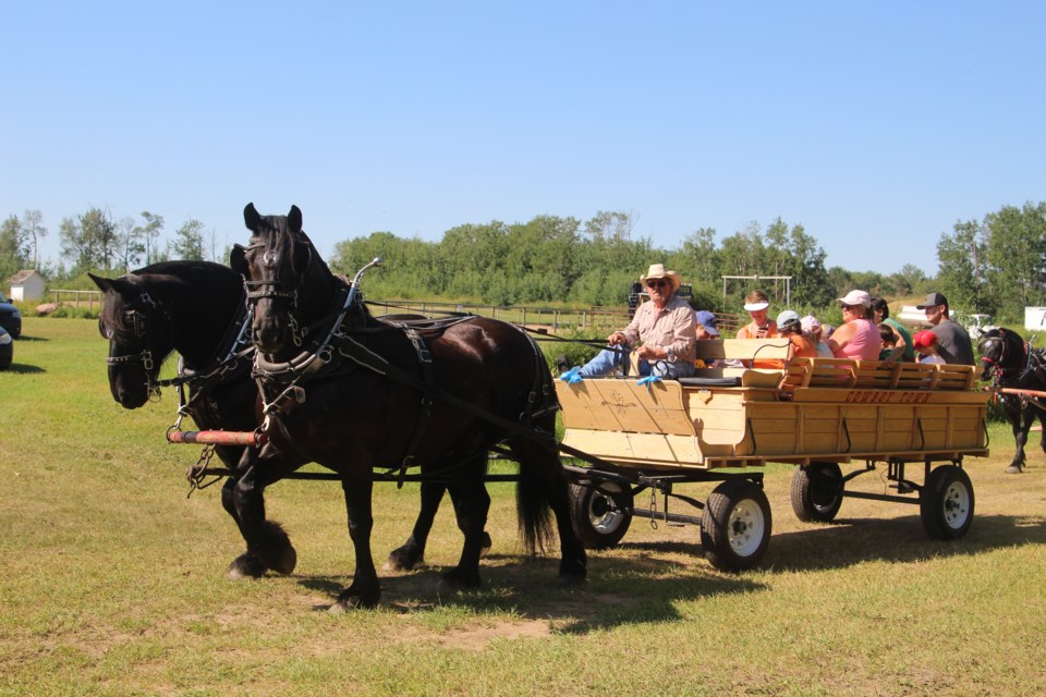 A horse-drawn wagon was provided by the owners of Cowboy Town in Ardmore for families to enjoy on the picturesque land.