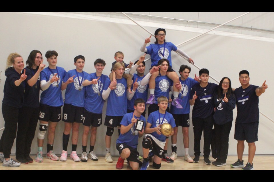 The Ecole Plamondon Hawks boys team won gold in the 2024 Wow Tournament, which took place at the Bold Center from Oct. 25-26 and featured 40 senior volleyball teams from across northeastern Alberta. 
Back row, from left to right: Erin Shulko (assistant coach), Jacob Cyre (assistant coach), Lincoln Shulko, Sevirian Kulikov, Keelan Madill, Emryk Lindskog, Layne Paul, Terrance Lindskog, Landen Kim, Kyle Mahedon, Caiden Kim (assistant) Brandy Kim (manager), Helly Kim (head coach). In front are Felix Bochkarev and Cody Rutledge. Chris McGarry photo. 
