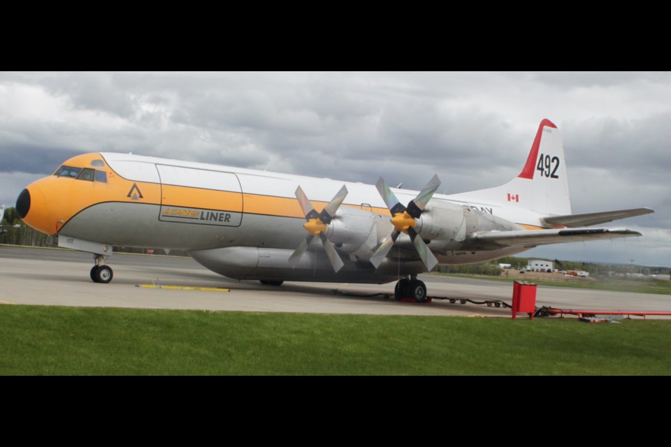The Lockheed Electra L188 that will be in and out of the Lac La Biche air tanker base during wildfire season. The plane has a cruising speed of 555 km/h or 300+ knots, and the ability to carry 11,365 litres of fire retardant. Chris McGarry photo. 