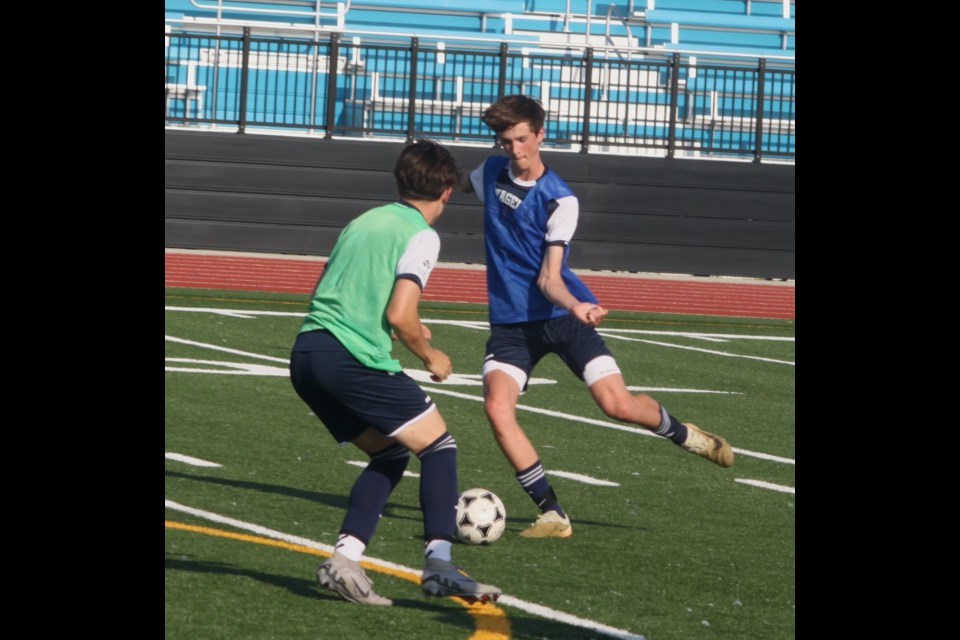 Portage College Voyageurs players Benjamin Hrysky Enzo Ercotti during a recent training session for the team that took place in Lac La Biche. Chris McGarry photo. 