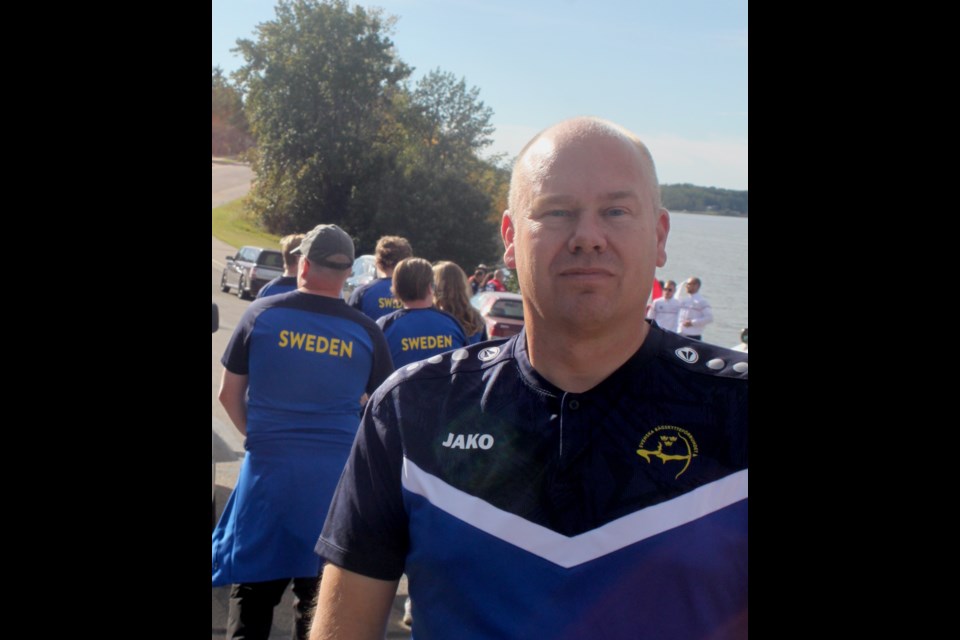 Erik Jonsson, who came to Lac La Biche in 2019 for the World 3D Archery Championships, returned to the community for the 2024 World Archery Field Championships.  He was with the team as they prepared for Monday's opening parade. Chris McGarry photo. 