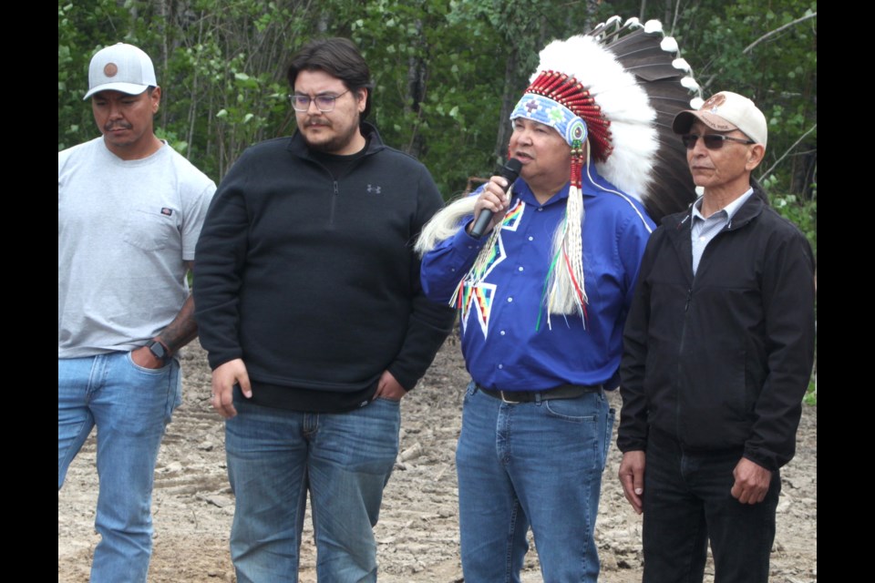 Gary Lameman, chief of Beaver Lake Cree Nation, talks during the ground breaking ceremony for a new school in the community. Also in photo are, from left-right Beaver Lake councillors Michael Lameman, Cole Gladue, and Leonard Jackson. Chris McGarry photo. 