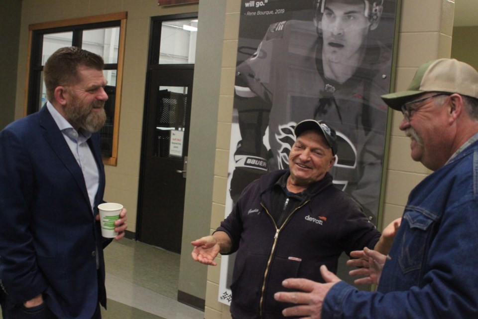On Saturday, residents who dropped by the Bold Centre had a chance to meet with Brian Jean, MLA for Fort McMurray-Lac La Biche and provincial minister of Energy and Minerals, and discuss ideas and concerns. Pictured above he shares a conversation and a laugh with George L’Heureux and Gordie Kruger.  