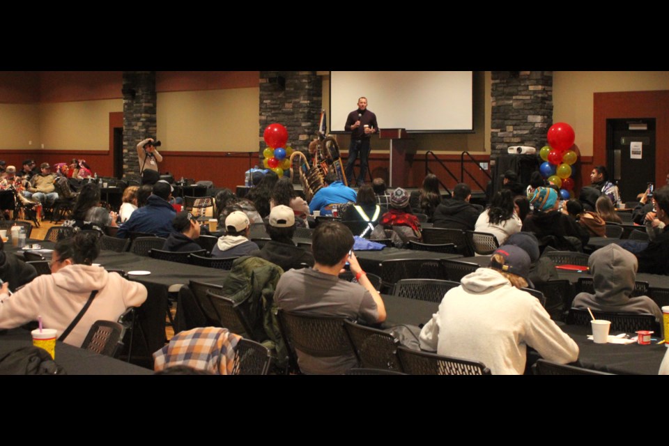 Former Ultimate Fighting Championship (UFC) champion Georges St-Pierre was a keynote speaker at the Ahkameyimok Oskayak Youth Conference, which took place from Feb. 13-14 at Lac La Biche’s Bold Centre. St.-Pierre, who was a two-division champion in the UFC, and won titles in the welterweight and middleweight divisions, spoke about his life growing up, difficulties, as well as how dreams can be achieved. Chris McGarry photo. 