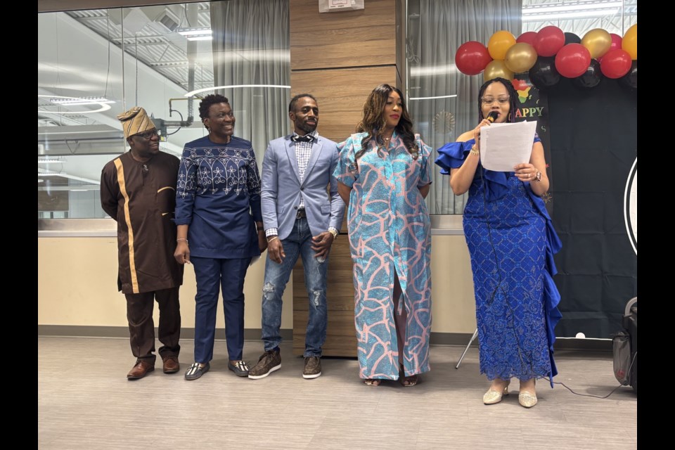 Members of the Cold Lake Black Community warmly welcomed attendees to the event.  

**(Left to right):** Babafemi Ajayi, Vice President; Josephine Olusoji-Akomolaye, Secretary; Tasha Brown, Social Relations Officer; and Sandra Ubabukoh, President of the Cold Lake Black Community.