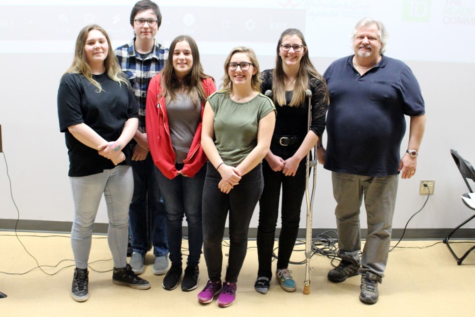 The winner for Bonnyville Centralized High School’s (BCHS) Youth Philanthropy Initiative (YPI) on Wednesday, Jan. 29 was the group representing the Lakeland Centre for Fetal Alcohol Spectrum Disorder (FASD).
(left to right) Macara Johnstone, Izaiah Schmolke, Lily Gravronsky, and judges Courtney Anderson, Mikaylee Beck, and Northern Lights Public Schools (NLPS) vice chair Mike Topylki. Photo by Robynne Henry. 