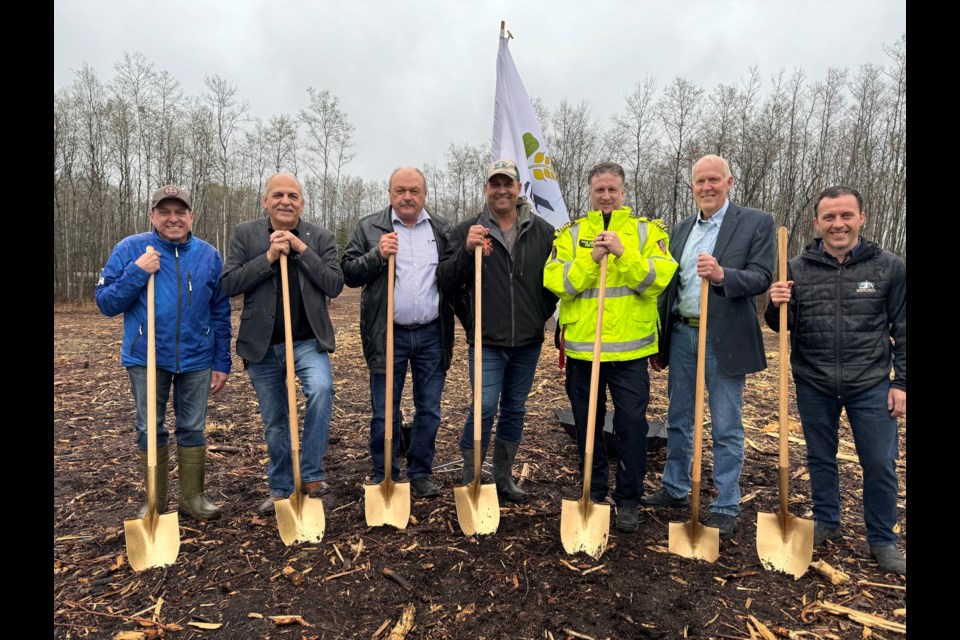 (Left to right) Coun. Ben Fadeyiw, Coun. Don Slipchuk, Coun. Mike Krywiak, Reeve Barry Kalinski, Bonnyville Regional Fire Authority Regional Fire Chief Dan Heney, Coun. Dana Swigart, and Deputy Reeve Josh Crick take part in a groundbreaking ceremony at the site of the new Cherry Grove Fire Hall. / MD of Bonnyville photo