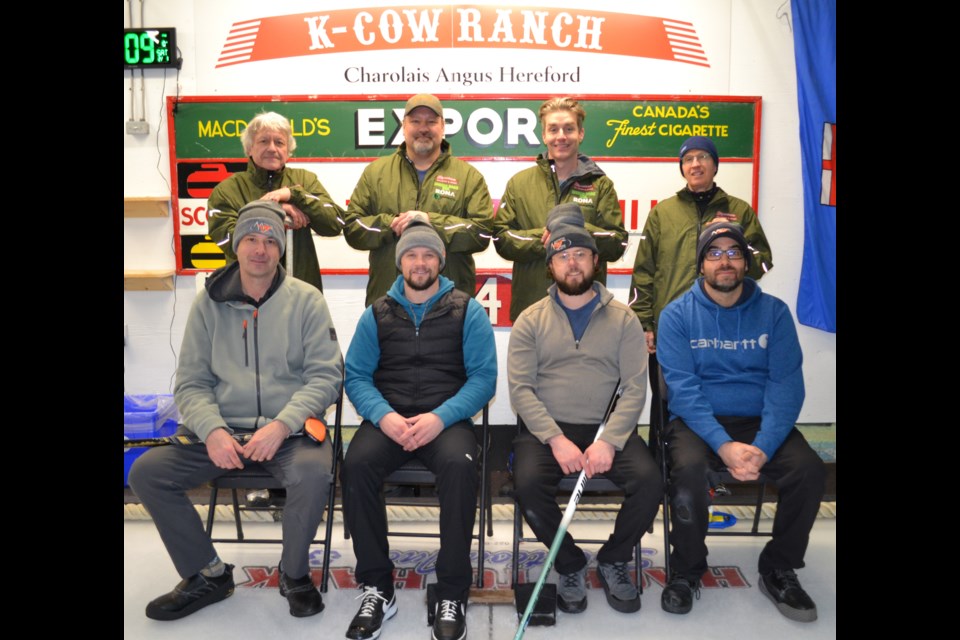 The A Event champions of the Elk Point Oilmen’s 40th Bonspiel were the Spring Park Collection f Knights, (back, left to right) nine-time champion Leonard Gadowski, Curtis Porcina, Brandon Tupper and Roland Joly, who won the nail-biter final over Amyotte Welding’s (front, left to right) Lee Michaud, Scott Ward, Sean Hovelkamp and Joey Duperron.